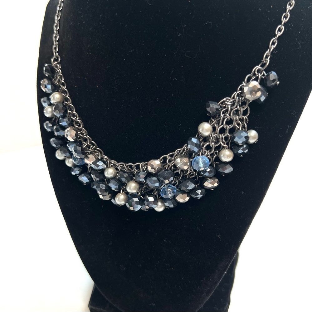 Waterfall Bib Necklace Maximalist Blue Beads Faux Pearls Adjustable Extender